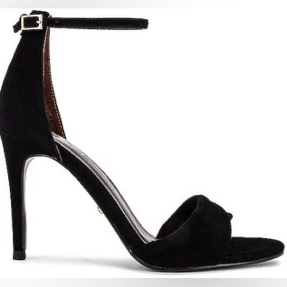 RAYE - Jennifer Black Suede Twist Open Toe Adjustable Ankle Straps Heels Size 9 - Picture 1 of 14